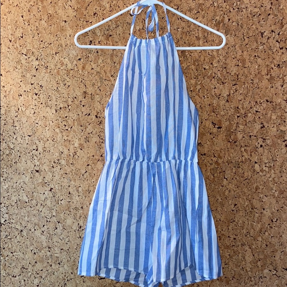 Blue and white striped halter romper